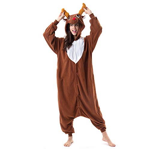 Beauty Shine Unisex Adult Onesie One Piece Pajamas Cosplay Cartoon Costume Halloween Christmas Sleepwear Jumpsuit Homewear(Coffee Reindeer, Large)