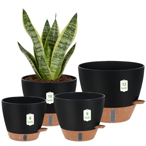 ZDZDFF Self Watering Pots with Water Level Indicator, 12" 10" 9" 8" Large Plastic Flower Pots with Mesh Drainage Hole and Removable Saucer Reservoir for Indoor Outdoor Plants 4pcs (Black