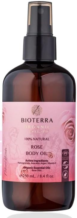 Bioterra Organik Gül Vücut Yağı 250 ml – Rose Body Oil, Argan & Avokado & Nar Çekirdeği Yağı İçeren, Yoğun Nemlendirici, Besleyici ve Pürüzsüzleştirici Aromaterapi Etkili Bakım Yağı