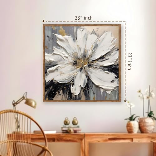 Image of PAINTINGMANTRA Abstract White Flower Framed Painting For Living Room | Modern Impasto Floral Large Canvas Painting With Frame Wall Art For Bedroom, Hallway's, Office, Hotel, Size 58x58 cm