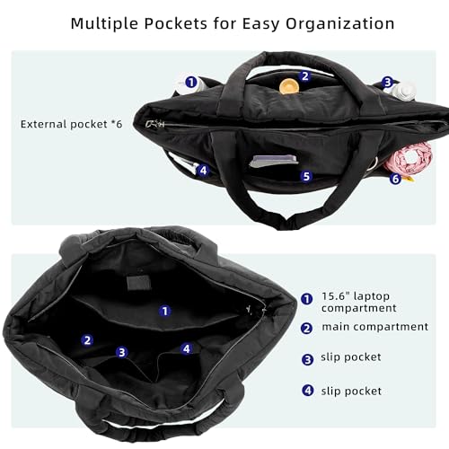 Herald Multi Pocket Tote Bag for Women, Large Puffy Shoulder Purse Handbag with Compartments for Travel,Work,GYM4