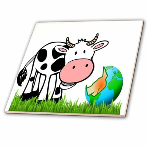 3dRose Image of Cartoon of A Cow Chewing On Globe 4 Inch Ceramic Tile