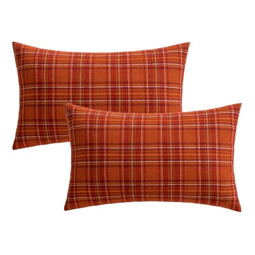 Image of MIULEE Fall Plaid Pillow Covers Scottish Tartan 12x20 Burnt Orange | Set of 2 Fall Decorations Lumbar Cushion Covers, Farmhouse Winter Home Decor, for Thanksgiving Sofa Couch Bed Living Room