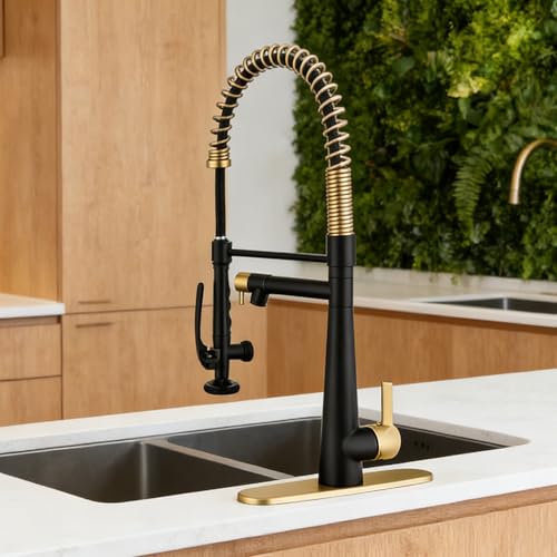 Image of Kitchen Faucet, Solid Brass Black + Brushed Gold Kitchen Faucet, Heavy Duty Spring Pre-Rinse Single Handle Kitchen Faucets with Pull Down Sprayer and Pot Filler, Commercial Style Sink Faucet
