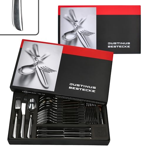 Justinus Twist 60tlg Komplett-Besteck-Set I für 12 Personen I mit geschwungenem Griff I aus rostfreiem poliertem 18/10 Edelstahl & Klingenstahl I Gabel, Messer & Löffel I für Gastro & Zuhause