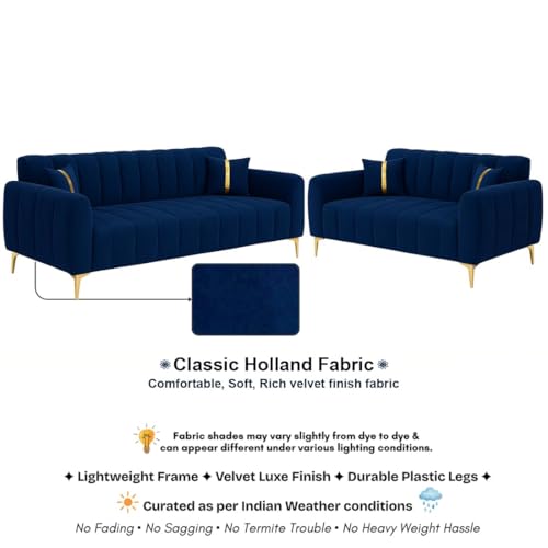 Image of FURNY Harmony 5 Seater Fabric 3+2 Sofa Set (Blue) with Premium Velvet & Golden Finish Legs | Durable & Comfortable | Ideal for Living Room