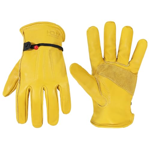 HANDLANDY Men Leather Gardening Gloves, Utility Work Gloves for Mechanics, Construction, Driver Golden Medium (Pack of 1)
