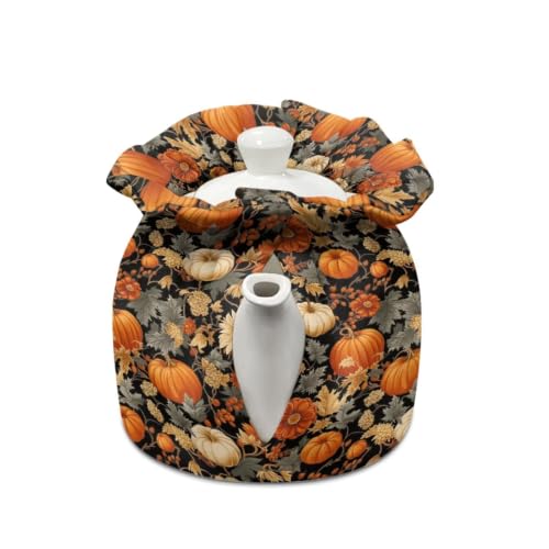Image of Fall Pumpkin Teapot Dust Cover for Home Maple Leaf Tea Cosy for Teapots Insulated Tea Kettle Dust Cover for Kitchen Party Accessories Gift for Fall