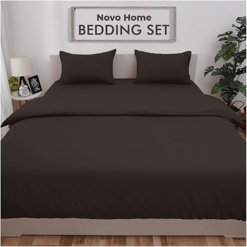 Novo Home Bedding Set King with Fitted Sheet, Duvet Cover & 2 Pillowcases – Dark Brown Microfibre 4 Piece Bed Set | Soft, Durable & Easy Care King Bedding for All Season Comfort in Modern Bedroom
