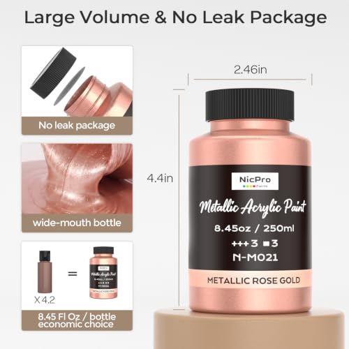 Image of Nicpro Metallic Rose Gold Acrylic Paint, 8.45oz /250ml Gold Leaf Paint | Large, Non Toxic, Non Fading Gold Paints for Metal, Wood, Craft, Clay, Fabric, Canvas, Furniture, Handcrafts, Art Supplies