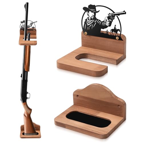 GlikCeil 1 Set Vertical Gun Rack Hardwood Gun Rack Holder Wall Mount Wooden Hooks Hangers for Wall for Rifles Shotguns Bows Display Storage (Cowboy,Brown)