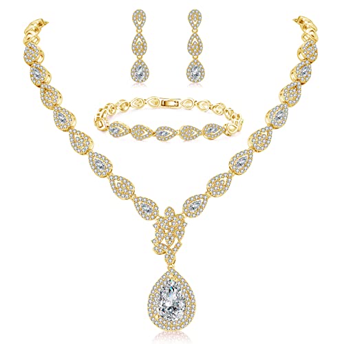 Deyanse Parure de Bijoux Plaquée Or avec Zircon Cubique 5A, Ensemble de Boucles d'oreilles + Collier + Bracelet Hypoallergéniques, Parure de Mariage en Forme de Larme pour Femme Mariée Fiançée Epouse Cover
