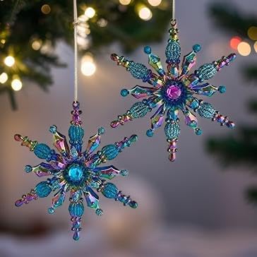 The Bridge Collection Peacock Inspired Snowflake Ornaments, Set of 2 Blue Green and Purple Snowflakes for Peacock Themed Christmas Tree - Image 2
