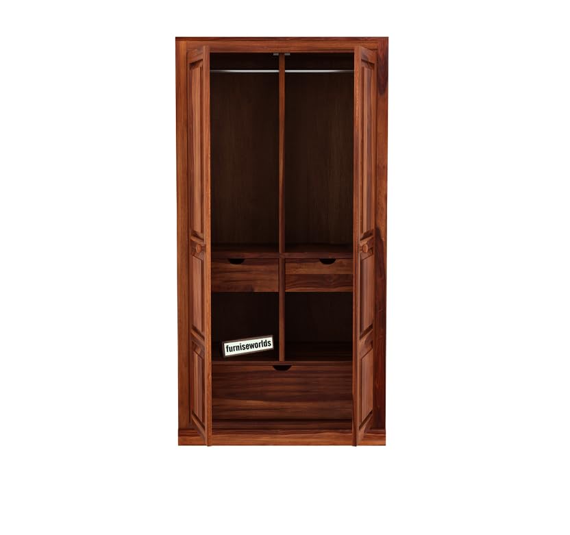 Image of Sheesham Wood Wardrobe with 3 Drawer and 4 Shelves Storage for Bedroom Wooden Almirah for Clothes for Living Room Bedroom Home, Solid Wood Furniture (Brown)