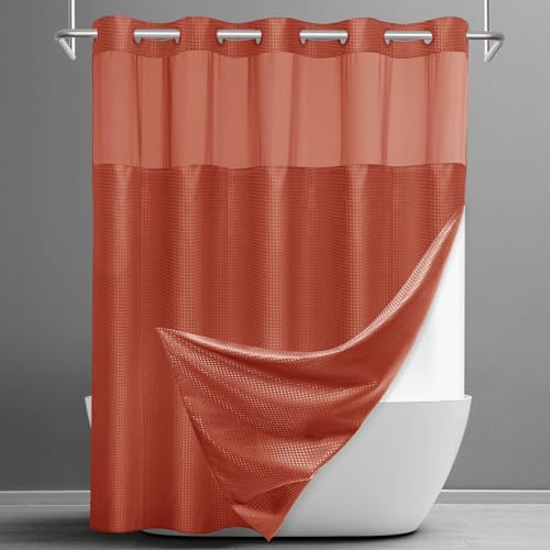 Ringless Waffle Shower Curtain with Snap in Liner Set, 71x74, Burnt Orange