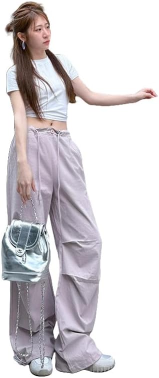 JYHBHMZG Women's American Style Summer High Waist Slimming Drawstring Cuffed Hem Casual Wide Leg Sports Cargo Pants