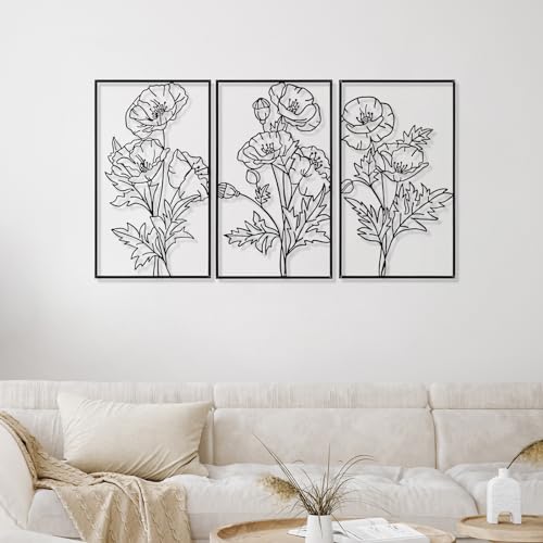 Therwen 3 Pcs Black Metal Wall Art Minimalist Wall Decor for Bedroom Flowers Decor Hanging Flower Bathroom Art Flower Line Sculpture Kitchen Decoration 16.5 x 9.8 Inch by Therwen - Image 6