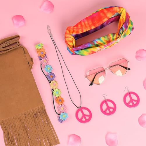 iZoeL 70s Hippie Costumes Women Hippie Clothes Teen Girls Boho 70s Costume 80s Accessories 60s Retro Festival Outfit - Top Bag Sunglasses Peace Necklace Headband- Retro Disco Fancy Dress - Image 6