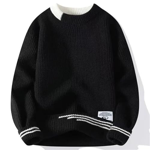 Mens Preppy Style Plus Fleece Thicken Round Neck Sweater Thermal Chic Loose Winter Panelled Knitted Pullovers3