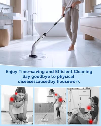 Image of Electric Spin Scrubber, Hillyfe Bathroom Scrubber Electric with 7 Replaceable Brush Heads, IPX7 Waterproof,300 /400 RPM, 3 Adjustable Length,Scrubber Brush Electric for Bathtub Floor,White