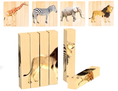 Wooden Animal Chunky Puzzles for Toddlers 2+ Years - Montessori 4 in 1 Safari Animal Block Puzzle Toy