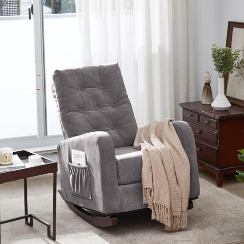 Image of Nursery Rocking Chair, Oversized Dutch Velvet Nursery Glider Rocker with Solid Wood Base and Side Pocket, Comfy High Back Armchair Single Sofa Chair for Living Room, Bedroom, Office Antique Gray
