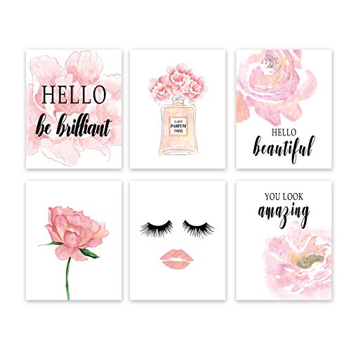 Watercolor Pink Flower Wall Art Print-- Dressing Room or Girls Bedroom Decor-- Inspirational Fashion Quote with Pink Rose Peony Flower Canvas Print ( Set of 6 )--Unframed--8X10 inch