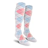 Golf Knickers Colorful Knee High Argyle Cotton Socks For Men Women and Youth - White/Pink/Light Blue