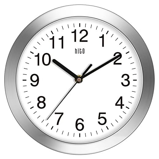 hito Modern Silent Wall Clock Non Ticking 10 inch Excellent Accurate Sweep Movement Aluminum Frame Glass Cover, Decorative for Kitchen, Living Room, Bedroom, Bathroom, Bedroom, Office (Silver)