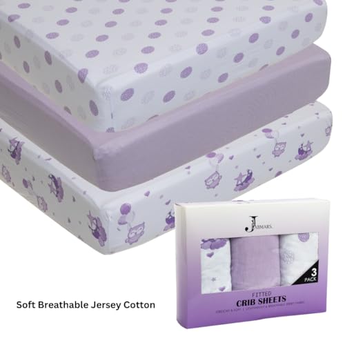 Image of 3 Pack Crib Sheets - Ultra Soft Jersey Cotton Baby Crib Sheets, Breathable Fitted Sheets for Standard Crib Mattress (52 inch x 28 inch), Baby Boy Crib Bedding Set - Purple Owl
