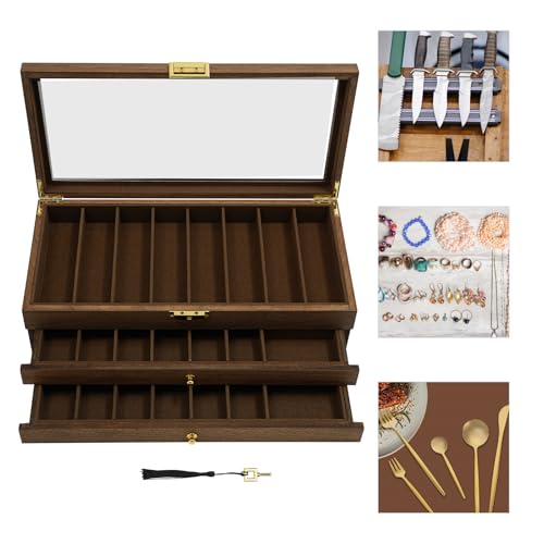 3-Tier Knife Display Case Vintage Pocket Knife Storage Box Lockable Knife Display Stand Holder with Clear Glass Top Rectangular Knife Collection Case Organizer with Drawers for Men Gift, Brown