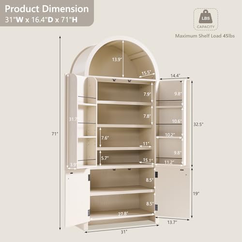 Image of IFGET 71 inch Tall Arched Kitchen Pantry, Modern Fluted Wood Storage Cabinet with Doors, 3 Adjustable Shelves, 6 Door Shelves, Organizer, Versatile Cupboard for Kitchen, Bathroom, Cream