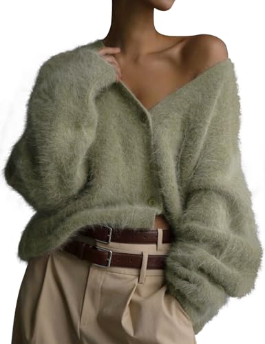 Image of COZYPOIN Womens Fuzzy Cardigan Sweater V Neck Button Down Soft Knit Coat | Loose, Comfy, Slouchy Drop Shoulder, Long Sleeve Fluffy Mohair, Warm, For Daily Work Holiday, Spring Fall Winter Fashion