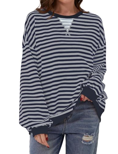 DUOEASE Sweat Femme Col Rond Décontracté, Pull Rayé à Manches Longues Top de Automne et Hiver Bandes(Gris-Bleu,L)