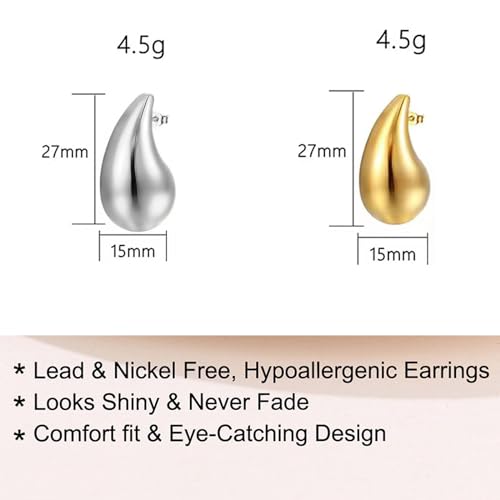 Yohong Orecchini a Goccia Oro, Orecchini a Goccia d'acqua, 18k Chunky Orecchini Gioielli, Anallergici Donna Orecchini Goccia Oro Gioielli Ipoallergenici Regalo