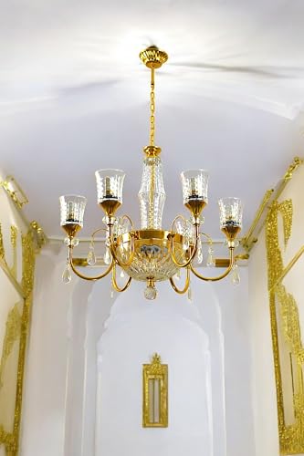 Image of Prop It Up Crystal Glass Chandelier, 6+1-Light Gold Finish, Elegant Pendant Ceiling Light with Decorative Drops, Without Bulb