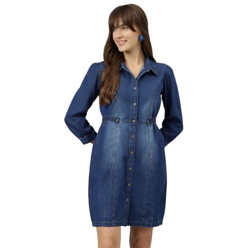 Image of Latin Quarters Women Blue Shirt Collar Three-Quarter Sleeves A-Line Dress for Casual Wear