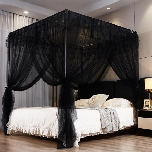 Kertnic Black Canopy Bed Curtains for Girls & Adults, Queen King Bed Canopy Drapes Netting, Practical Mosquito Net for Bed (Black, King- 86" W*78" L*82" H)