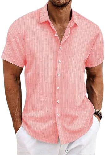 ZFLBDBG Men's Shirts Shirt Solid Color Cotton And Linen Striped Jacquard Casual Loose Short-sleeved Shirt-peach-s