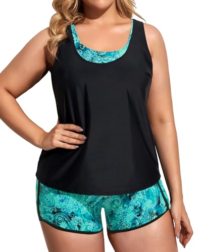 Image of Holipick Women Plus Size Swimsuits - Athletic 3 Piece Tankini with Shorts