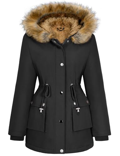 heekpek Damen Wintermantel Warm Wasserdichter Gefüttert Winterjacke Damen Mittellange Winterparka mit Verstellbarer Taille und Abnehmbare Zierleiste, L, Schwarz