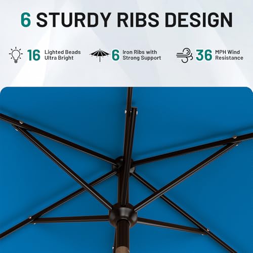Image of AreShark 6.5' x 10' Rectangular Patio Umbrella with Solar Lights, Solar Powered Lighted Market Umbrella w /Tilt and Crank, Outdoor Table Umbrella for Garden, Deck, Backyard, Pool and Beach, Royal Blue
