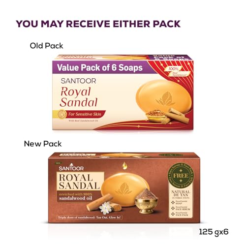 Santoor Royal Sandal Soap, Serum & Face Pack | 100% Sandalwood Oil & Powder | 3-Step Natural Detan | Tan-Free Complexion, Even Skin Tone & Glow | 125g x 6 Soaps + 20g Face Pack + 15ml Serum