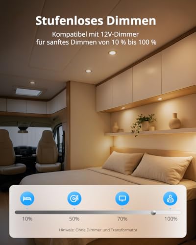 Gr4tec 6er Set LED Einbaustrahler 12V Dimmbar, IP44 Alu LED Spot Warmweiß 3000K 84Ra 3W, Möbeleinbauleuchte Ultra Flach 12mm, Loch 58-62mm, 12V Deckenspots für Wohnwagen Wohnmobil Boot Kleiderschrank