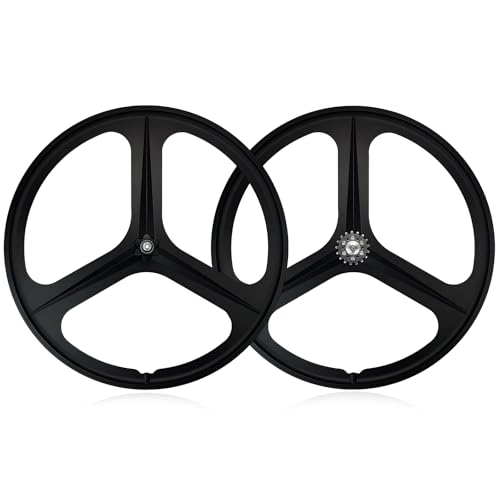700C 3スポークホイール シングルスピード 自転車ホイール 固定ギア フロントリアホイールセット バイクホイー(Black,Wheel set)