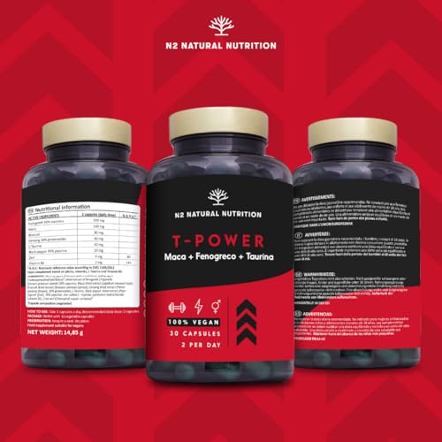 T - Power 100% Natural Male Enhancer avec Maca, Ginseng, L-Taurine, Fenugrec et Poivre Noir. Stimulant + Force + Endurance + Energie. Pre workout. 30 gélules. Végétalien. N2 Natural Nutrition – Image 5
