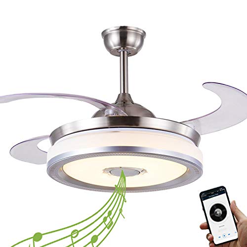Retractable Ceiling Fan with Light and Bluetooth Speaker, Bluetooth Ceiling Fan Chandelier with Remote 7 Color Change 36W 42 Inch Silver