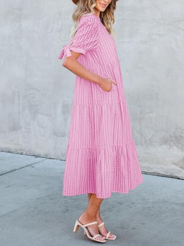 Image of Theenkoln Womens Casual Midi Dress: Short Sleeve V-Neck Empire Waist Gingham Spring Fashion Long Trendy Tiered Formal Dresses