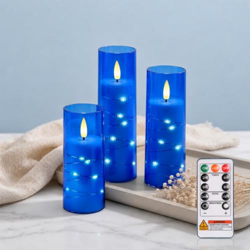 Image of Raycare Flameless Battery Operated Pillar Candles with Remote Timer, Blue