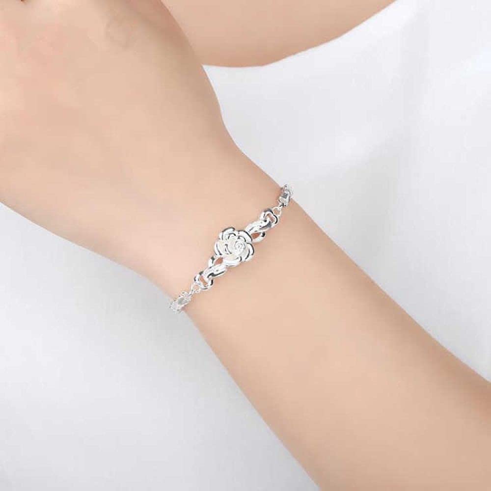 Braccialetti a Catena con Polsino in Argento Sterling Moda, Bracciale in Argento Sterling 925 da Donna Bracciale con Fiore Rosa Squisito di Moda Regali di Gioielli in Argento Sterling